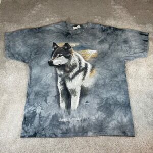 Vintage 90s Wolf Graphic T-Shirt Mens XL Grey Banff Canada Tie Dye Nature Tee
